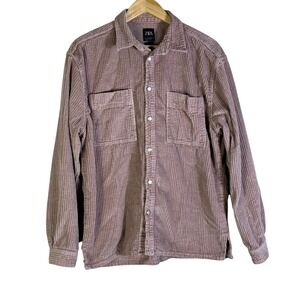 ZARA Men's Relaxed Fit Corduroy Button Down Shirt Mauve Pink Size Medium